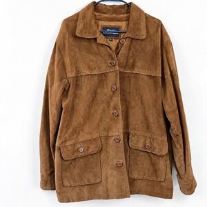 Amari Brown Suede Leather Safari Jacket Braided Trim Button Front Plus Size 2X